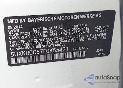 2015 BMW X5 xDrive35I from USA, damaged, VIN 5UXKR0C57F0K55421